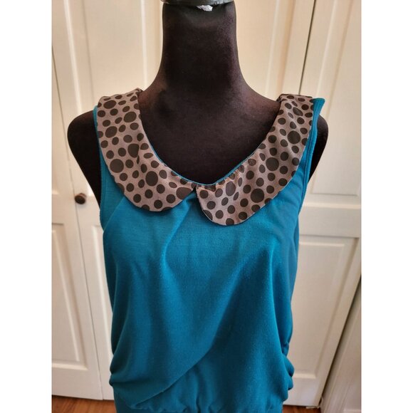 2000's Teal Bubble/Banded Tank Polka Dot Peter Pan Collar sz L Twee Retro - Picture 4 of 5